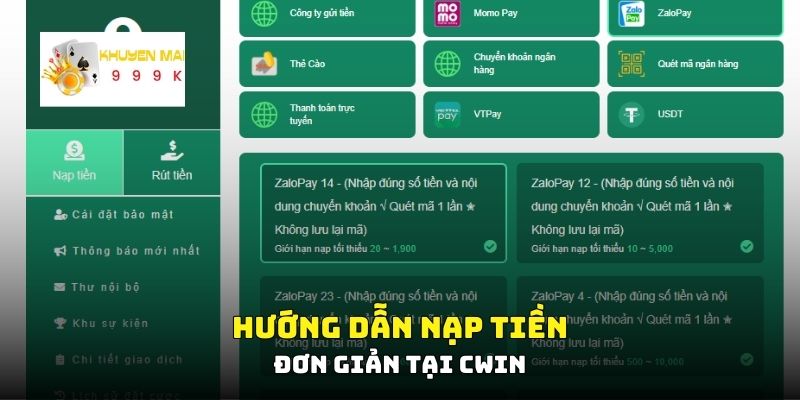 Hướng dẫn nạp tiền đơn giản tại Cwin