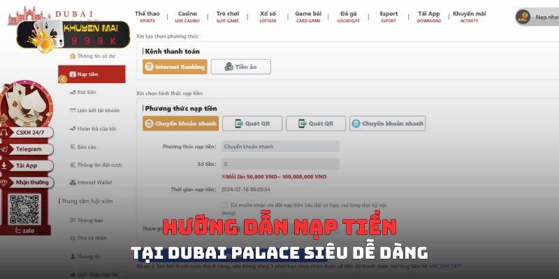 Hướng dẫn nạp tiền tại Dubai Palace